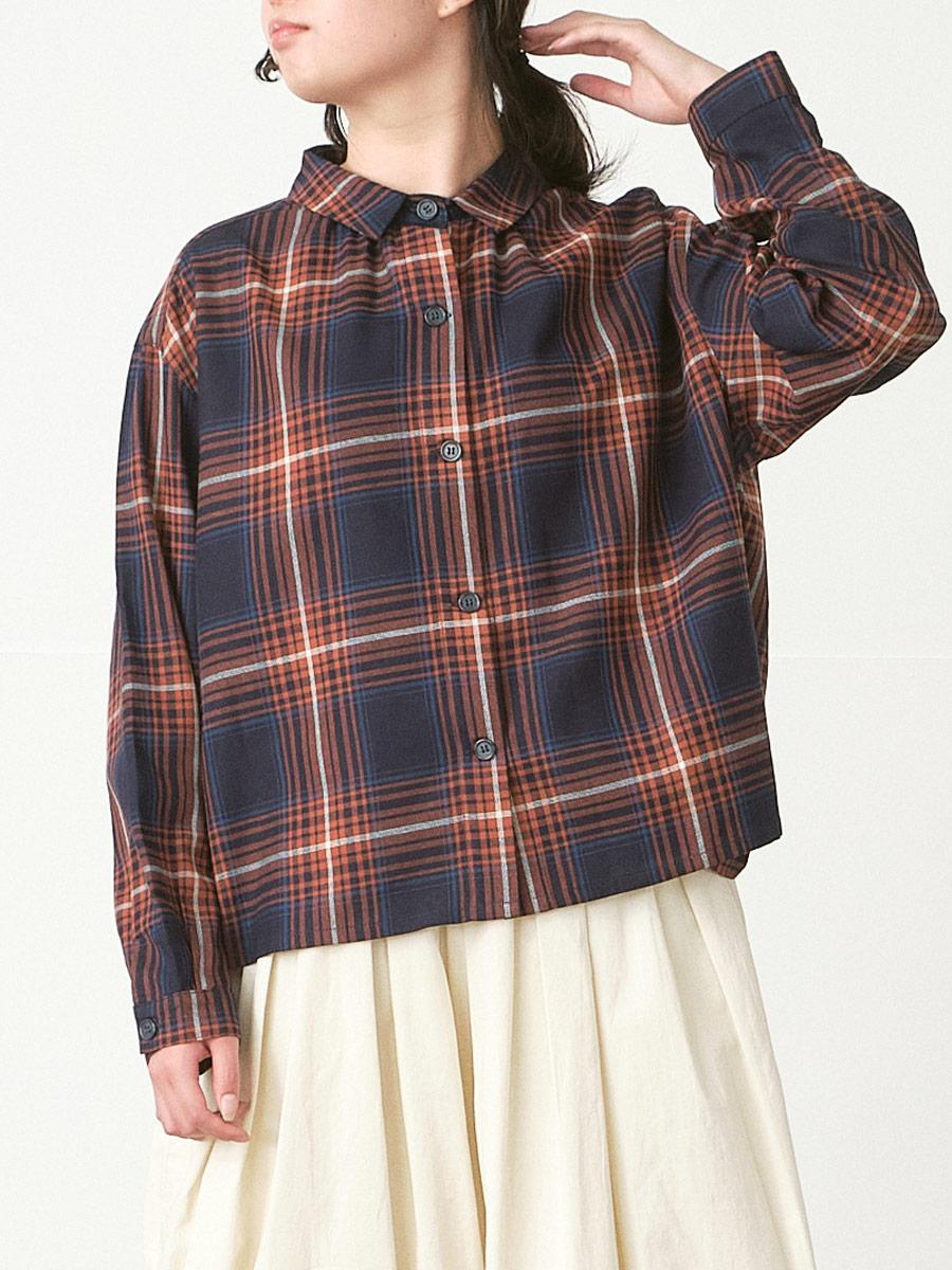 ギャザーフレアブラウス　コットンチェック