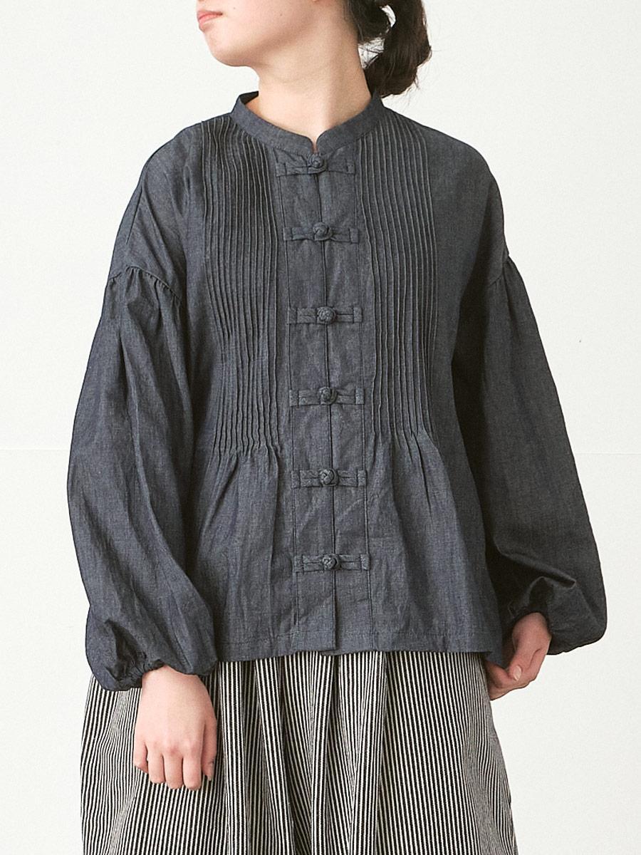 【予約】【４月上旬～】チャイナボタンブラウス　綿麻デニム