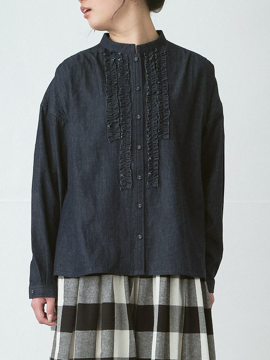 前フリルスタンドカラーブラウス　4.5オンスデニム