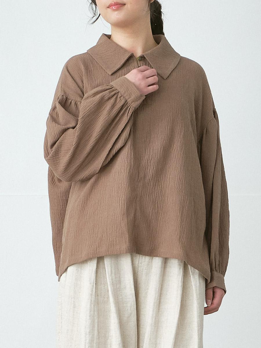 ビッグカラー多ボタンブラウス　綿ガーゼワッシャー