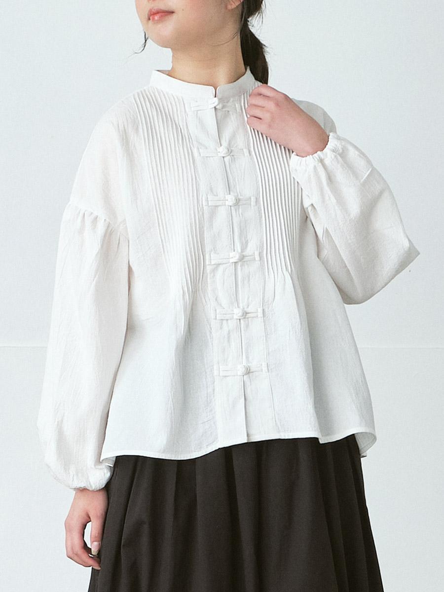 チャイナボタンブラウス　綿オックスワッシャー