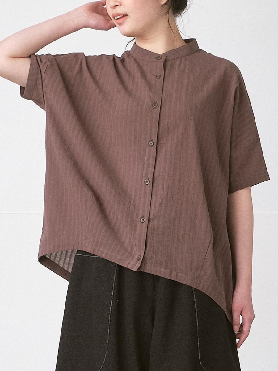 スタンドカラーブラウス　綿ボイルシャドウストライプ