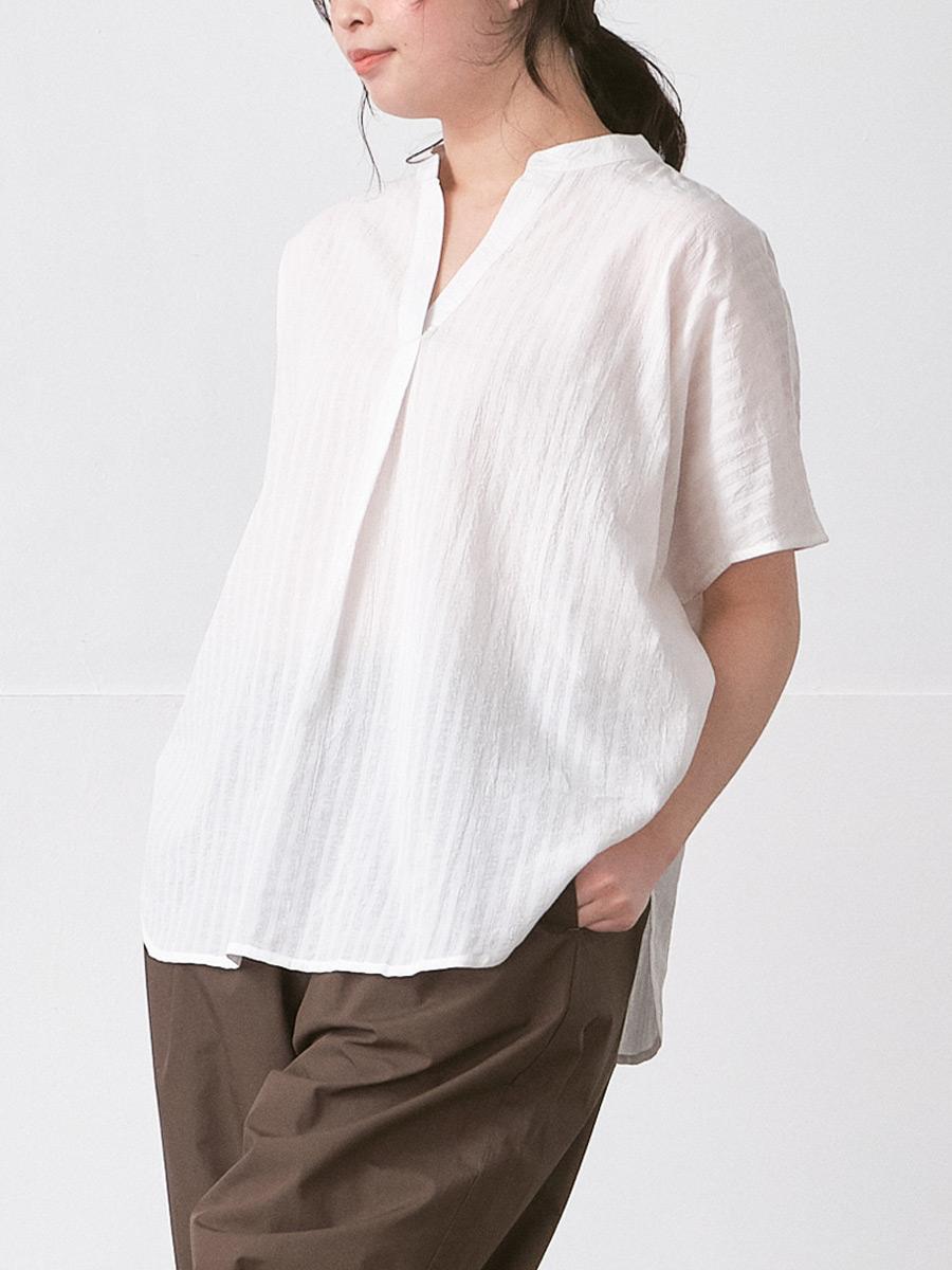 キーネックプルオーバーブラウス　綿ボイルシャドウストライプ