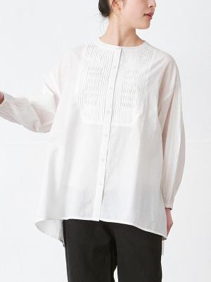 バンドカラー変形ピンタックブラウス 綿ローンキャンブリック| palais