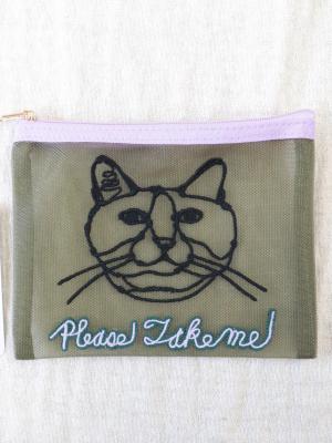 ネコチャン刺繍メッシュポーチ