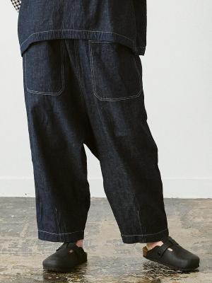 ビッグポケットワイドパンツ 綿麻デニム