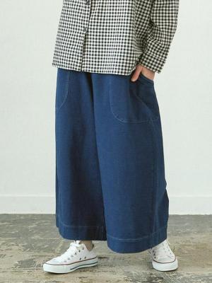 ワイドパンツ　C/Pu裏毛ニットデニム