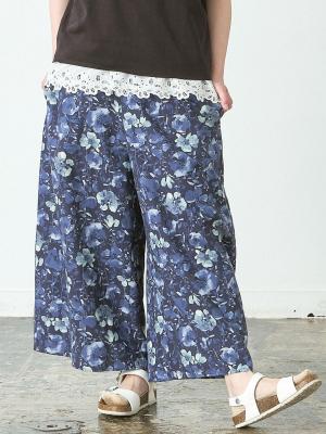 フレアパンツ　綿麻水彩調花柄　【公式限定カラーあり】
