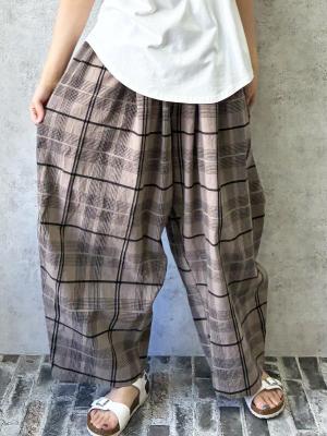 ワイドタックパンツ　綿麻混チェック