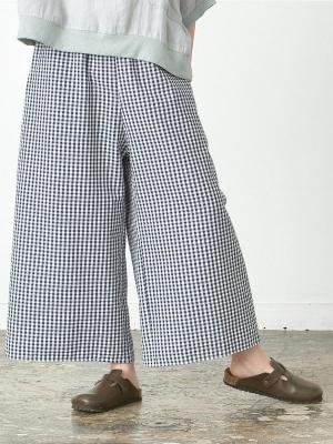 フレアパンツ　コットン混リップルギンガムチェック