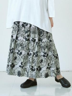 フレアスカート　綿麻大花プリント