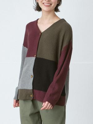 パッチワーク配色カーディガン　7Gコットン