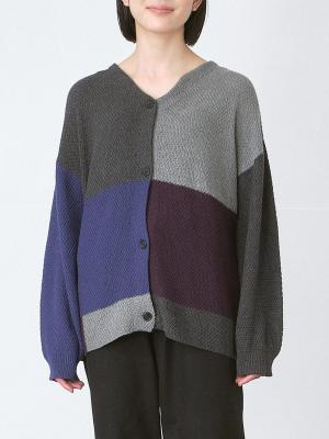 パッチワーク配色カーディガン　7Gコットン