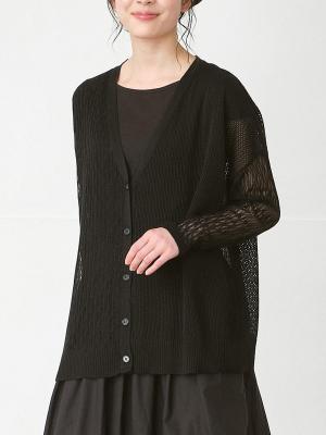 アシンメトリーデザインカーディガン　透かし編みコットン混　日本製