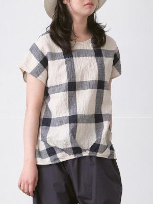 フレンチスリーブブラウス　綿麻リップルチェック