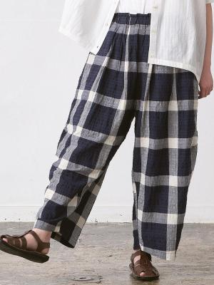 ワイドタックパンツ　綿麻リップルチェック