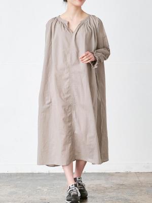 キーネック刺繍スモックワンピース 綿キャンブリック