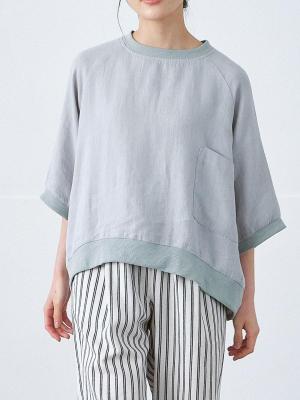 リブプルオーバーブラウス 綿麻ポプリン