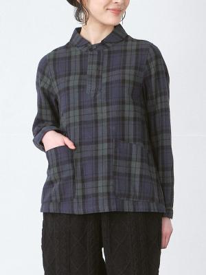 丸襟プルオーバーシャツ 綿ツイルチェック起毛