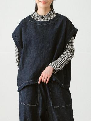 サイドボタンワイドベスト 綿麻デニム