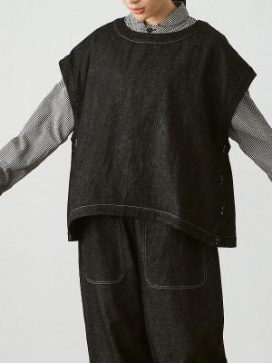 サイドボタンワイドベスト　綿麻デニム