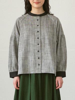 バンドカラーブラウス　綿麻ヘリンボン