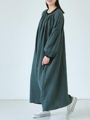 パフスリーブ配色ワンピース　Cスラブガーゼ