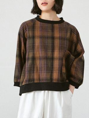 リブプルオーバーブラウス 綿ビエラチェック