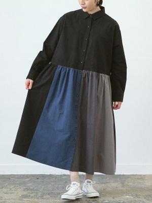 フレアシャツワンピース 配色コットンモールスキン