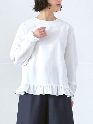 ノーカラーフリルブラウス　綿麻オックス