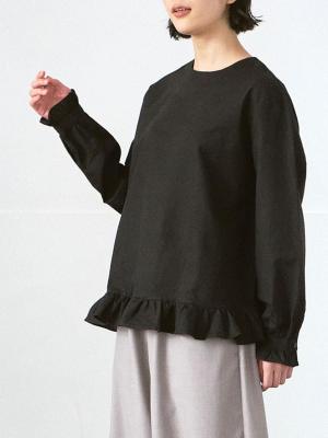 ノーカラーフリルブラウス　綿麻オックス