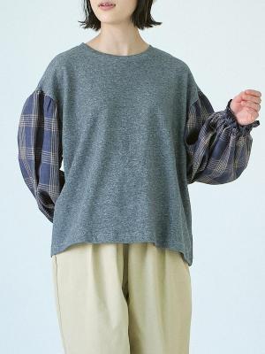 チェック袖異素材プルオーバー 綿麻先染め