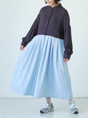 スタンドカラー配色ワンピース R/Lスラブ切り替え