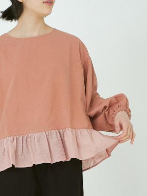 裾レースフレアブラウス 綿ワッシャー