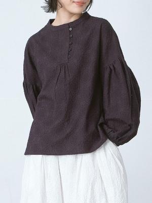 バンドカラープルオーバーブラウス　コットン全面花柄刺繍