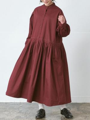 スタンドカラーフレアワンピース　綿ハイカウントチノ