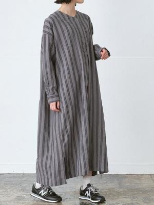 浅Vネックワンピース 綿麻ストライプ