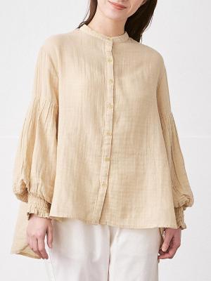 バンドカラーボリューム袖ブラウス 綿ダブルガーゼ