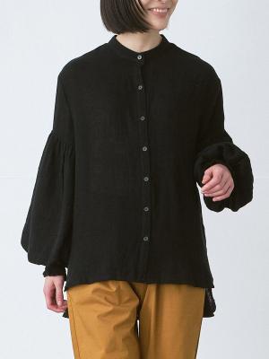 バンドカラーボリューム袖ブラウス 綿ダブルガーゼ