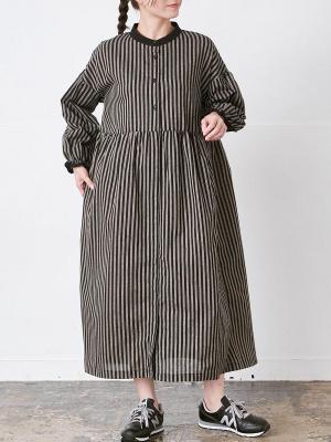 配色バルーン袖ワンピース　コットンリネン混ストライプ