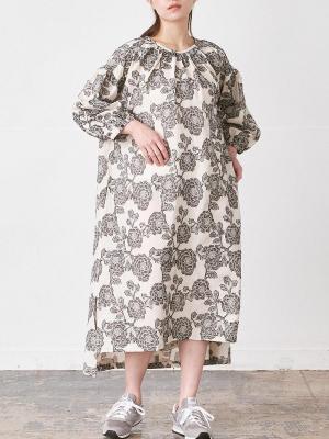 バルーン袖プルオーバーワンピース 綿混ジャガード