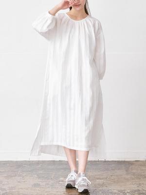 バルーン袖プルオーバーワンピース　綿ドビーストライプ