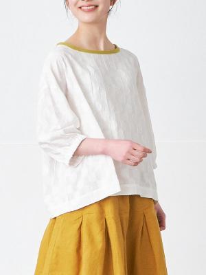 配色バルーン袖ブラウス　綿麻ジャガード