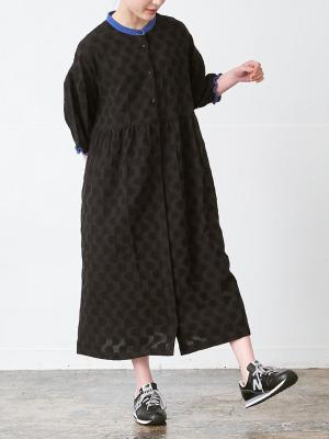 配色バルーン袖ワンピース　綿麻ジャガード