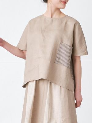 胸ポケットプルオーバーブラウス　麻オックス×綿ドビー