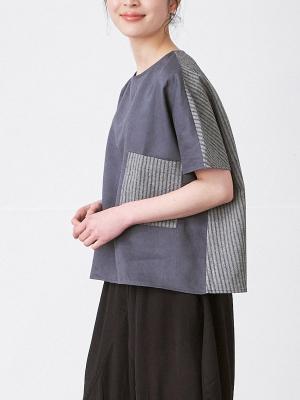 胸ポケットプルオーバーブラウス 麻オックス×綿ドビー
