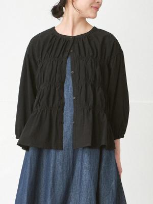 ギャザーフレアブラウス　綿ローンワッシャー