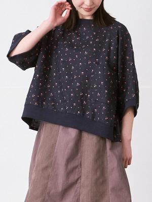 リブプルオーバーブラウス　リネン小花プリント