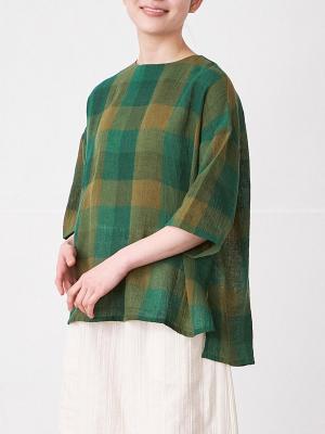 プルオーバーブラウス　リネンコットンブロックチェック