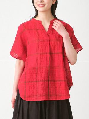 キーネックプルオーバーブラウス　綿麻空羽チェック